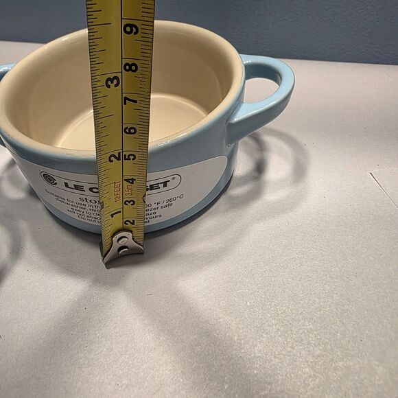 Pair Le Creuset 2 Pc Set Mini Round Cocotte Sky Blue Stoneware Pots with Lids - Picture 11 of 11